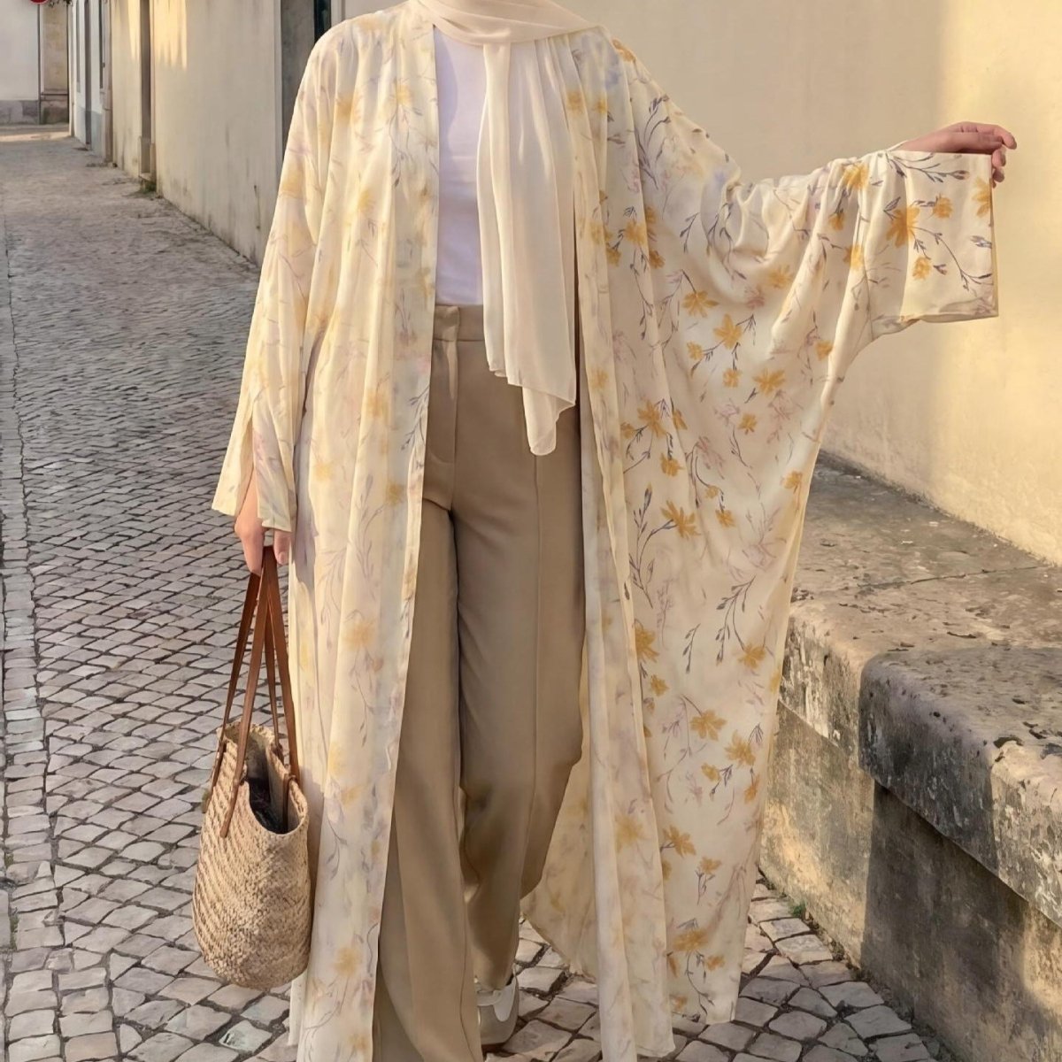 Yellow Floral Print Tie-Cuff Open Abaya(MOA342) - Mariam's Collection