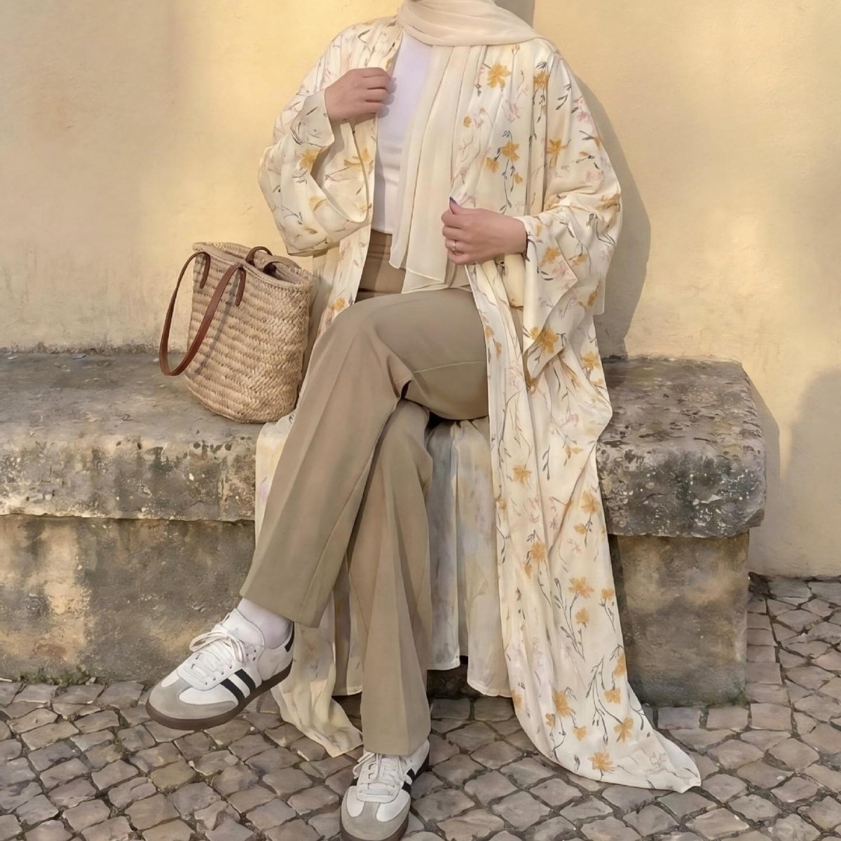 Yellow Floral Print Tie-Cuff Open Abaya(MOA342) - Mariam's Collection
