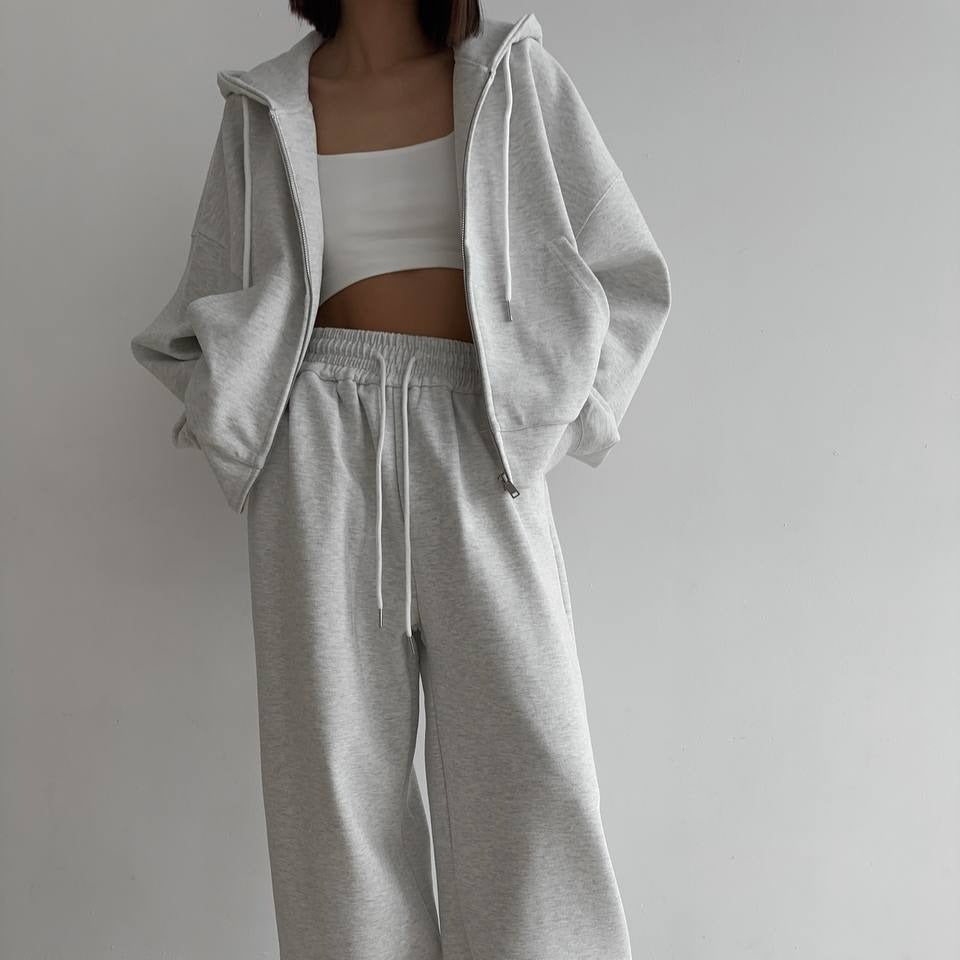 Back view of cropped zip-up hoodie and matching sweatpants set